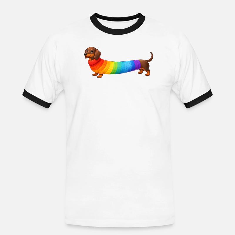 Dackel mit Regenbogen Pullover  - Männer Kontrast-T-Shirt - Weiß/Schwarz