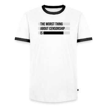 Le pire dans la censure, c’est l’ironie amusante - T-shirt contrasté Homme - blanc/noir - Devant - AI Model Female 172 light (172cm) & AI Model Male 178 dark (178cm)