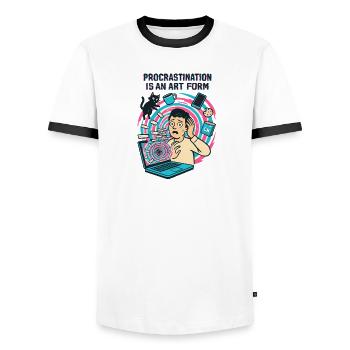 Procrastination : L'Art du Télétravail et du Rush - T-shirt contrasté Homme - blanc/noir - Devant - AI Model Female 172 light (172cm) & AI Model Male 178 dark (178cm)