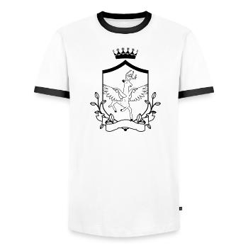 Winged deer – noble heraldic animal forest - Men's Ringer Shirt - white/black - Front - AI Model Female 172 light (172cm) & AI Model Male 178 dark (178cm)