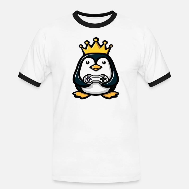 Pinguin mit gaming controller und Krone - Männer Kontrast-T-Shirt - Weiß/Schwarz