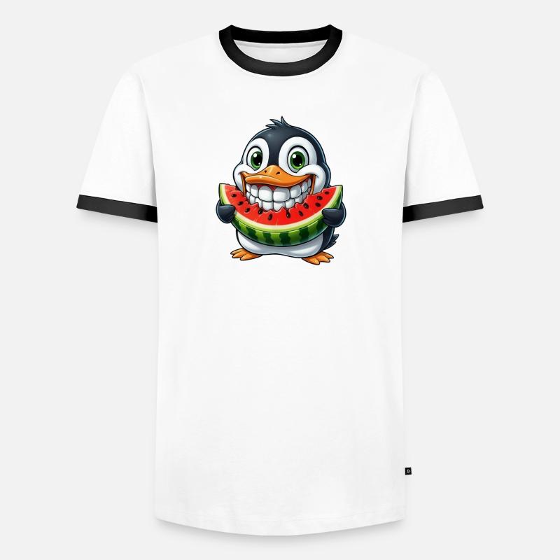 Pingouin joyeux avec pastèque fruit d’été - T-shirt contrasté Homme - blanc/noir