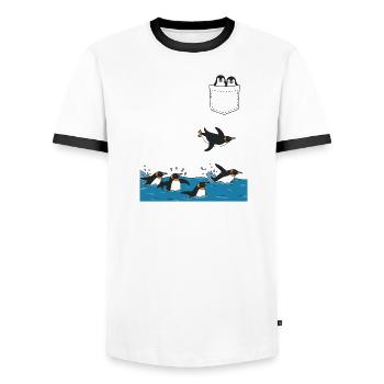 Penguin Jump Into The Water Pocket Design - Men's Ringer Shirt - white/black - Front - AI Model Female 172 light (172cm) & AI Model Male 178 dark (178cm)