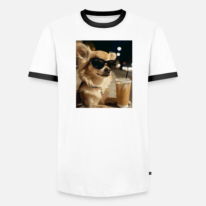 Sonnenbrillen-Hund mit Eiskaffee - Männer Kontrast-T-Shirt - Weiß/Schwarz