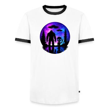 Alien Bigfoot UFO Sasquatch Believers Raumschiff - Männer Kontrast-T-Shirt - Weiß/Schwarz - Vorne - AI Model Female 172 light (172cm) & AI Model Male 178 dark (178cm)
