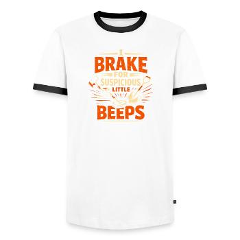 I brake for beeps | Probing Humor - Men's Ringer Shirt - white/black - Front - AI Model Female 172 light (172cm) & AI Model Male 178 dark (178cm)