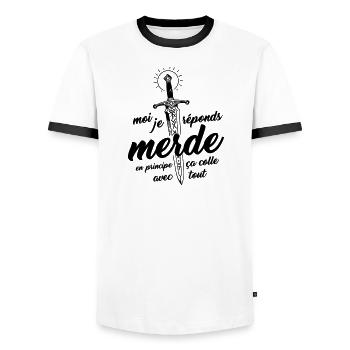 I answer Shit, in principle it fits with everything - Men's Ringer Shirt - white/black - Front - AI Model Female 172 light (172cm) & AI Model Male 178 dark (178cm)