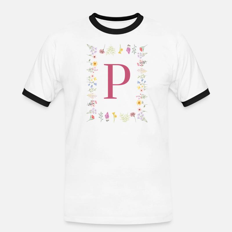 Florale Initialen "P", Buchstaben Monogramm - Männer Kontrast-T-Shirt - Weiß/Schwarz