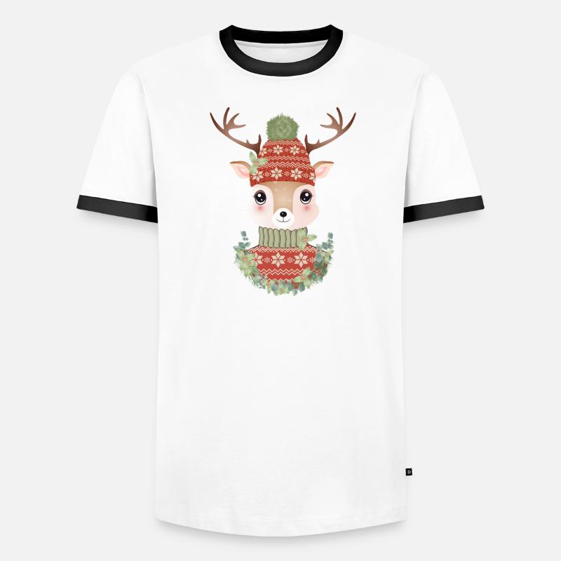 niedlicher Hirsch mit Pullover,Bommelmütze & Kranz - Männer Kontrast-T-Shirt - Weiß/Schwarz