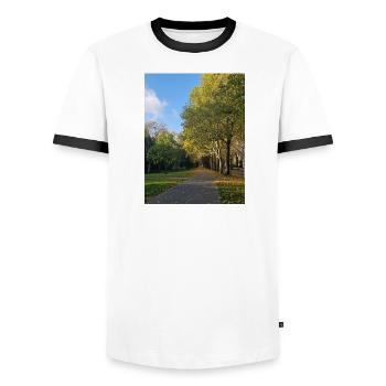 Autumn path through Lauballee - Men's Ringer Shirt - white/black - Front - AI Model Female 172 light (172cm) & AI Model Male 178 dark (178cm)