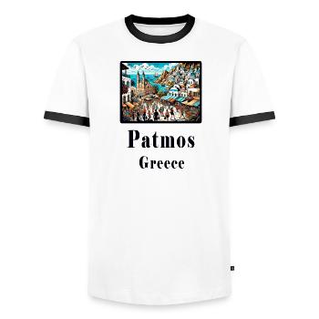 Patmos Griechenland Urlaubsinsel Strand Griechisch - Männer Kontrast-T-Shirt - Weiß/Schwarz - Vorne - AI Model Female 172 light (172cm) & AI Model Male 178 dark (178cm)