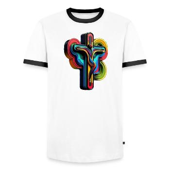 Vibrant Rainbow Cross Pop Art - Men's Ringer Shirt - white/black - Front - AI Model Female 172 light (172cm) & AI Model Male 178 dark (178cm)