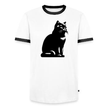 Chat British Shorthair - T-shirt contrasté Homme - blanc/noir - Devant - AI Model Female 172 light (172cm) & AI Model Male 178 dark (178cm)