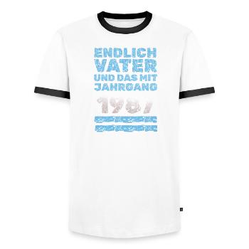 Father 1987 - Men's Ringer Shirt - white/black - Front - AI Model Female 172 light (172cm) & AI Model Male 178 dark (178cm)