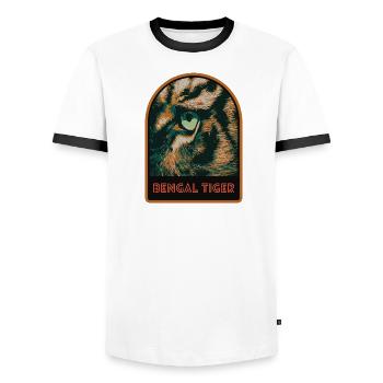 Tigerauge in Nahaufnahme – Intensive Illustration - Männer Kontrast-T-Shirt - Weiß/Schwarz - Vorne - AI Model Female 172 light (172cm) & AI Model Male 178 dark (178cm)