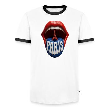Pop Art de la Langue de Paris - T-shirt contrasté Homme - blanc/noir - Devant - AI Model Female 172 light (172cm) & AI Model Male 178 dark (178cm)