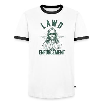 Application de la loi, Jésus, Bible, foi chrétienne - T-shirt contrasté Homme - blanc/noir - Devant - AI Model Female 172 light (172cm) & AI Model Male 178 dark (178cm)