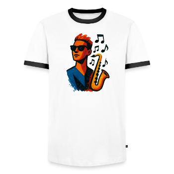 Saxophon – Jazz – Musik - Männer Kontrast-T-Shirt - Weiß/Schwarz - Vorne - AI Model Female 172 light (172cm) & AI Model Male 178 dark (178cm)