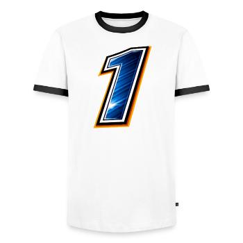 Numéro 1 Maillot de football Design sportif minimaliste - T-shirt contrasté Homme - blanc/noir - Devant - AI Model Female 172 light (172cm) & AI Model Male 178 dark (178cm)