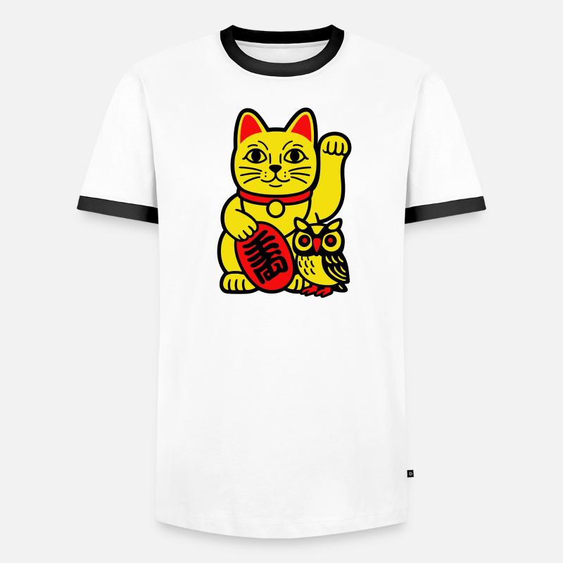 Glückskatze mit kleiner Eule - Männer Kontrast-T-Shirt - Weiß/Schwarz