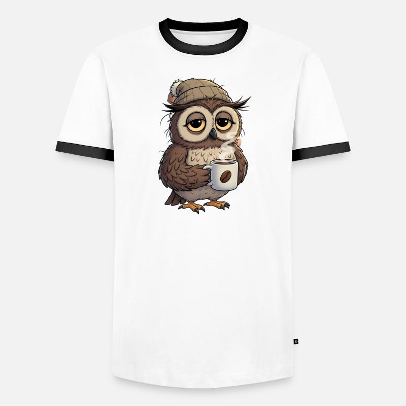 Verschlafene Eule Mit Kaffeetasse Cartoon - Männer Kontrast-T-Shirt - Weiß/Schwarz