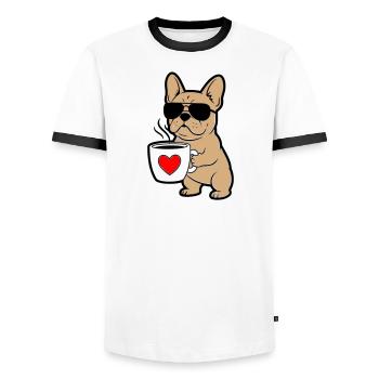 Frenchie Hund Kaffee Comic - Männer Kontrast-T-Shirt - Weiß/Schwarz - Vorne - AI Model Female 172 light (172cm) & AI Model Male 178 dark (178cm)
