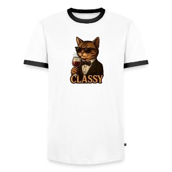 Sophisticated Cat with Wine and Tuxedo - Men's Ringer Shirt - white/black - Front - AI Model Female 172 light (172cm) & AI Model Male 178 dark (178cm)