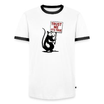 Ratte mit Schild Trust Me It’s True - Männer Kontrast-T-Shirt - Weiß/Schwarz - Vorne - AI Model Female 172 light (172cm) & AI Model Male 178 dark (178cm)