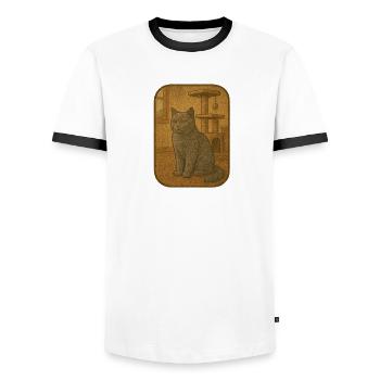 Vintage Cat Plaque Illustration - Men's Ringer Shirt - white/black - Front - AI Model Female 172 light (172cm) & AI Model Male 178 dark (178cm)