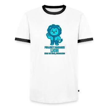 Chef de projet Löwe – Délais - T-shirt contrasté Homme - blanc/noir - Devant - AI Model Female 172 light (172cm) & AI Model Male 178 dark (178cm)