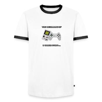 Anfang einer Gamerengeschichte - Männer Kontrast-T-Shirt - Weiß/Schwarz - Vorne - AI Model Female 172 light (172cm) & AI Model Male 178 dark (178cm)