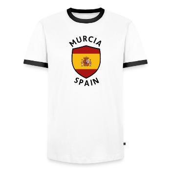 Murcia-Schild unter spanischer Flagge - Männer Kontrast-T-Shirt - Weiß/Schwarz - Vorne - AI Model Female 172 light (172cm) & AI Model Male 178 dark (178cm)