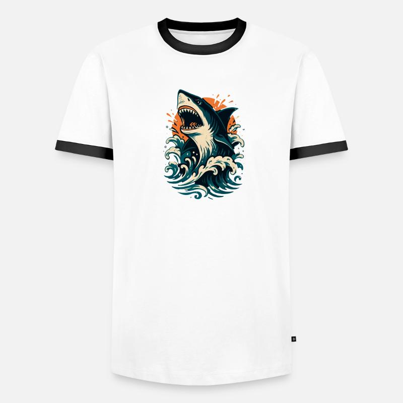 Shark roars through orange waves - Men's Ringer Shirt - white/black