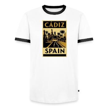 Cádiz Spain – Retro Travel Poster in Black and Gold - Men's Ringer Shirt - white/black - Front - AI Model Female 172 light (172cm) & AI Model Male 178 dark (178cm)