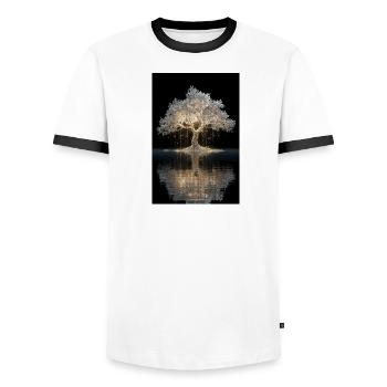 Leuchtender goldener Baum am Wasser - Männer Kontrast-T-Shirt - Weiß/Schwarz - Vorne - AI Model Female 172 light (172cm) & AI Model Male 178 dark (178cm)
