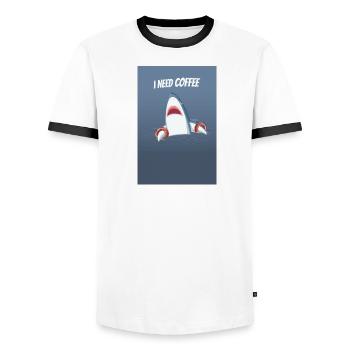 I Need Coffee Funny Shark Design - Männer Kontrast-T-Shirt - Weiß/Schwarz - Vorne - AI Model Female 172 light (172cm) & AI Model Male 178 dark (178cm)