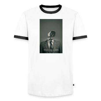 Privacy Is An Illusion Poster Minimal - Men's Ringer Shirt - white/black - Front - AI Model Female 172 light (172cm) & AI Model Male 178 dark (178cm)