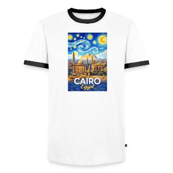 Les Nuits du Caire : Pyramides et étoiles - T-shirt contrasté Homme - blanc/noir - Devant - AI Model Female 172 light (172cm) & AI Model Male 178 dark (178cm)