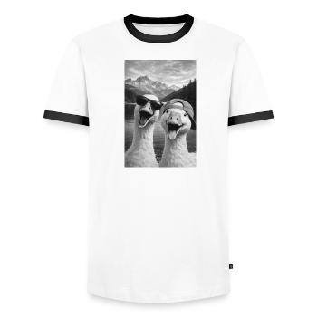 Des oies avec des lunettes de soleil au lac de la montagne - T-shirt contrasté Homme - blanc/noir - Devant - AI Model Female 172 light (172cm) & AI Model Male 178 dark (178cm)