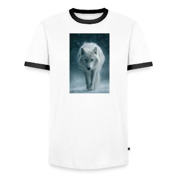 Arctic Wolf in Snowfall - Men's Ringer Shirt - white/black - Front - AI Model Female 172 light (172cm) & AI Model Male 178 dark (178cm)