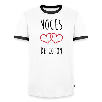 Cotton Wedding 1 Year Wedding - Men's Ringer Shirt - white/black - Front - AI Model Female 172 light (172cm) & AI Model Male 178 dark (178cm)