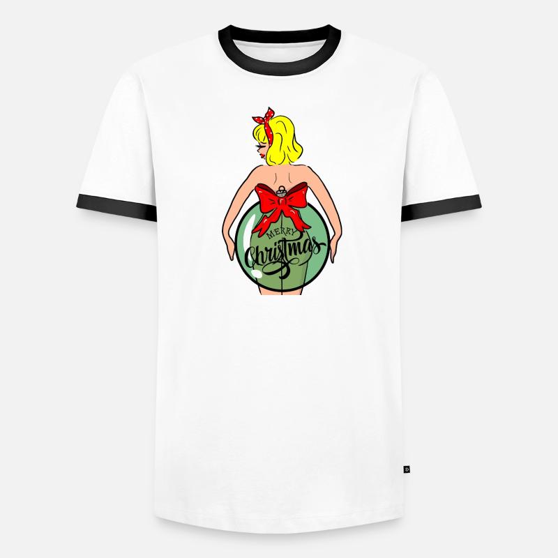 Frau mit Weihnachtskugel und roter Schleife - Männer Kontrast-T-Shirt - Weiß/Schwarz