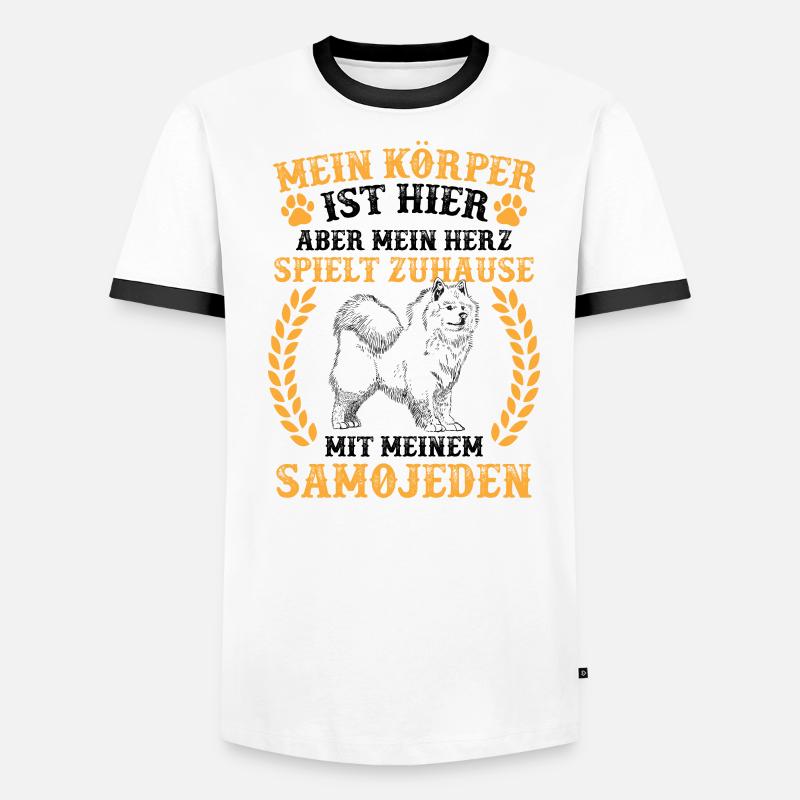 Samojede spielt zuhause Samojedenspitz - Männer Kontrast-T-Shirt - Weiß/Schwarz