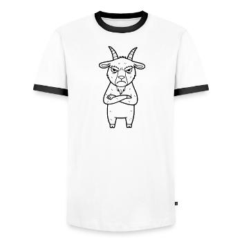 Angry Goat Cartoon Illustration - Men's Ringer Shirt - white/black - Front - AI Model Female 172 light (172cm) & AI Model Male 178 dark (178cm)