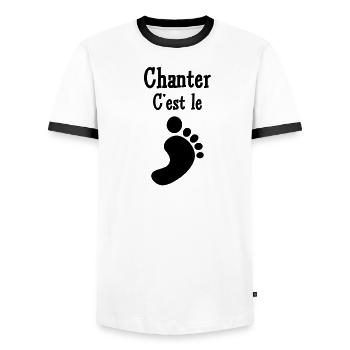 Singing is the foot – passion, music, voice, joy - Men's Ringer Shirt - white/black - Front - AI Model Female 172 light (172cm) & AI Model Male 178 dark (178cm)