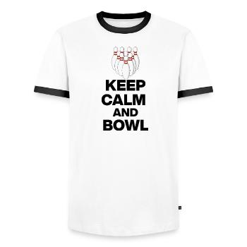 KEEP CALM AND BOWL, STRIKE MEISTER! PIN SNIPER - Männer Kontrast-T-Shirt - Weiß/Schwarz - Vorne - AI Model Female 172 light (172cm) & AI Model Male 178 dark (178cm)
