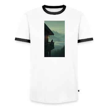 Black Cat on Mountain Balcony – Asian Zen Design - Men's Ringer Shirt - white/black - Front - AI Model Female 172 light (172cm) & AI Model Male 178 dark (178cm)