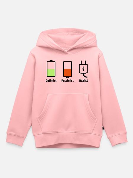 Batterijfilosofie: Optimist Pessimist Realist - Kinder Premium hoodie biologisch - roze
