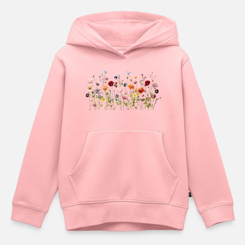 Prairie de fleurs sauvages – Fleurs d’aquarelle naturelles - Sweat Premium à capuche enfant bio - rose