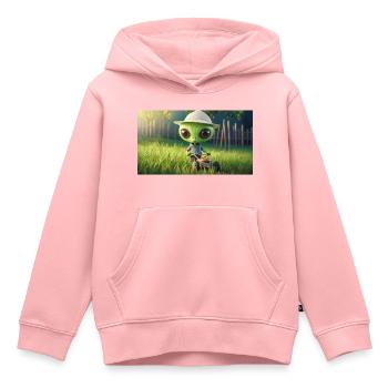 niedliches kleines grünes Retro Alien Rasen mähen - Kinder Premium Organic Hoodie - Rosa - Vorne - AI Model Kid Female (0cm)